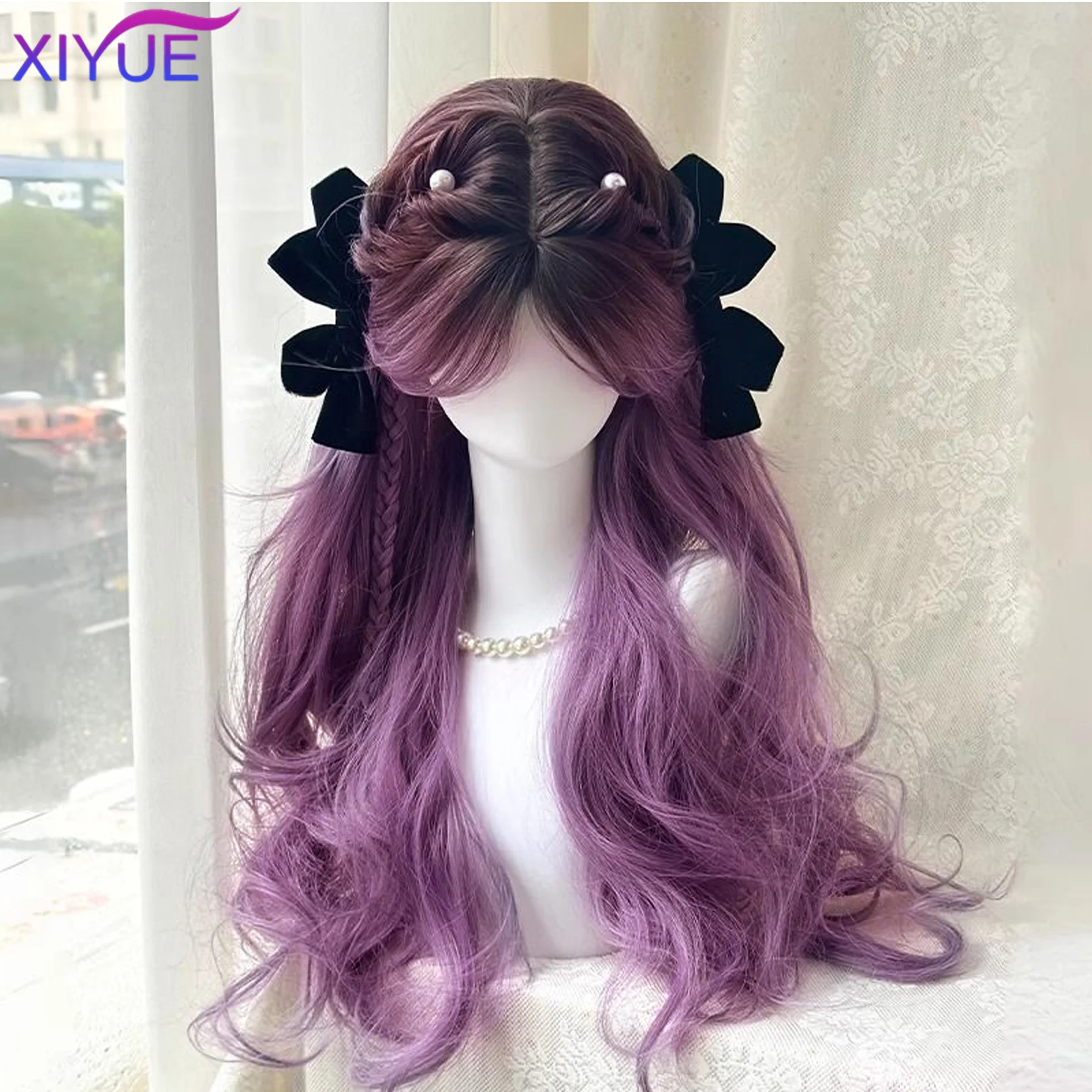 Synthetic Long Curly Hair Gradient Purple Cosplay Wigs Heat Resistant Synthetic Wigs Middle Part Natural Lolita For Women