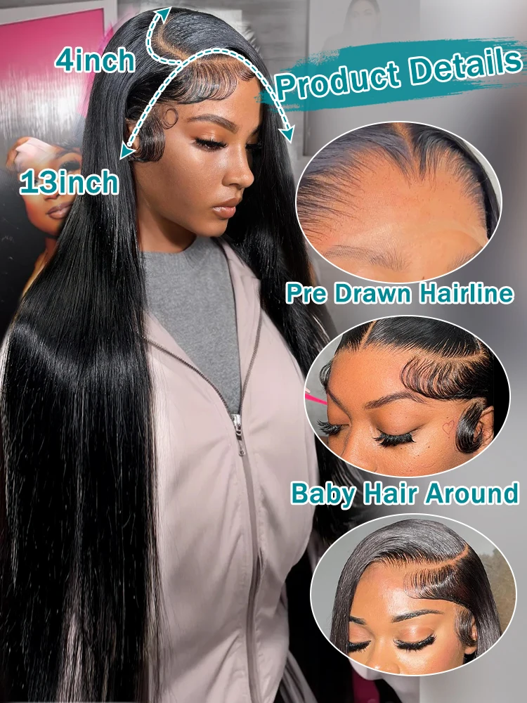 Human Hair Wig 250 Density 40 Inch Transparent Bone Straight 13x4 13x6 HD Lace Frontal Pre Plucked For Women