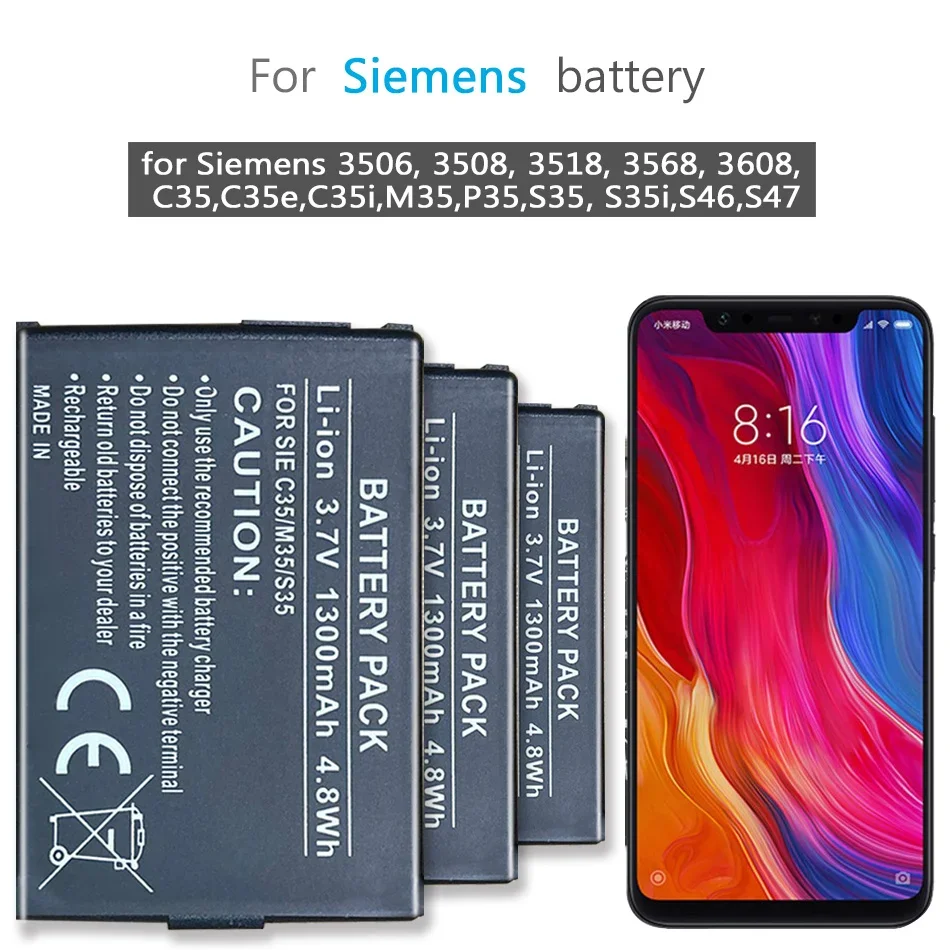Batteria C35/M35/S35 1300Mah Per Siemens 3506, 3508, 3518, 3568, 3608, C35,C35E,C35I,M35,P35,S35, S35I,S46,S47