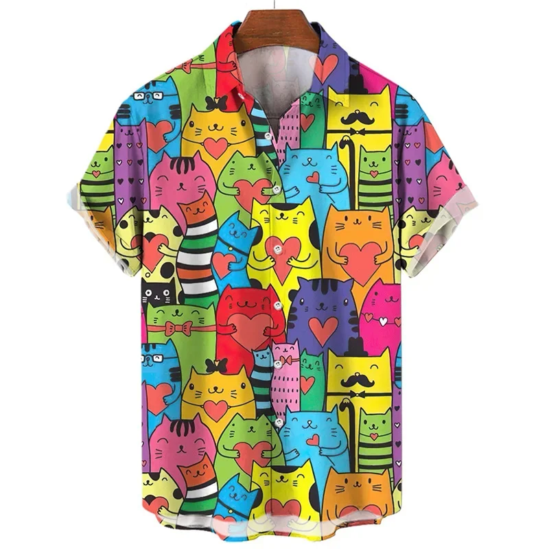 thumbnail image 1 of Camisa hawaiana con estampado 3D de gato de dibujos animados para hombre, blusa con estampado divertido de animales, blusa holgada de moda urbana de verano con solapa, mangas cortas, 1 of 4