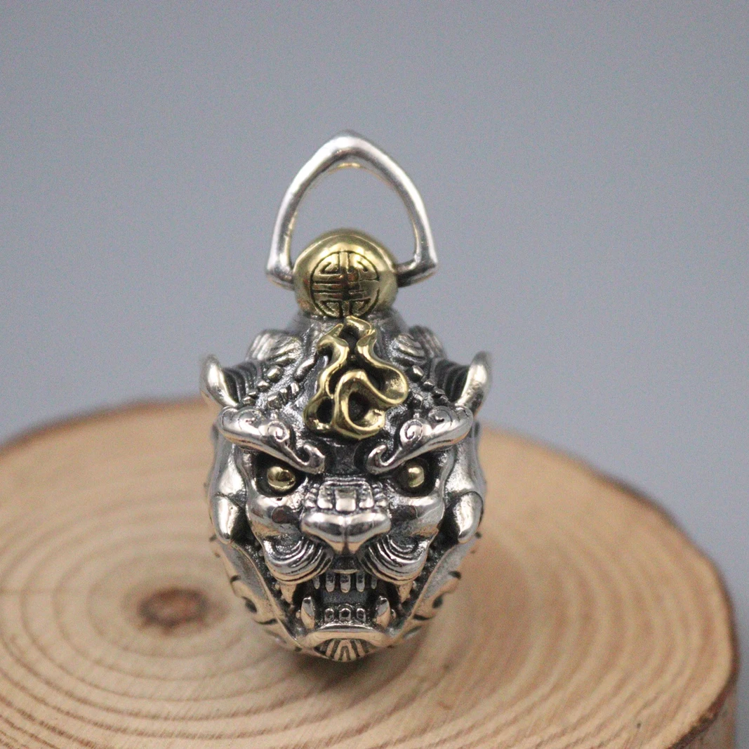 

Lion Head Bell Pendant Cute Lion Lucky Exorcism Bell Men and Women Real 925 Silver Pendant with 20''L Rolo Chain Vantage Silver
