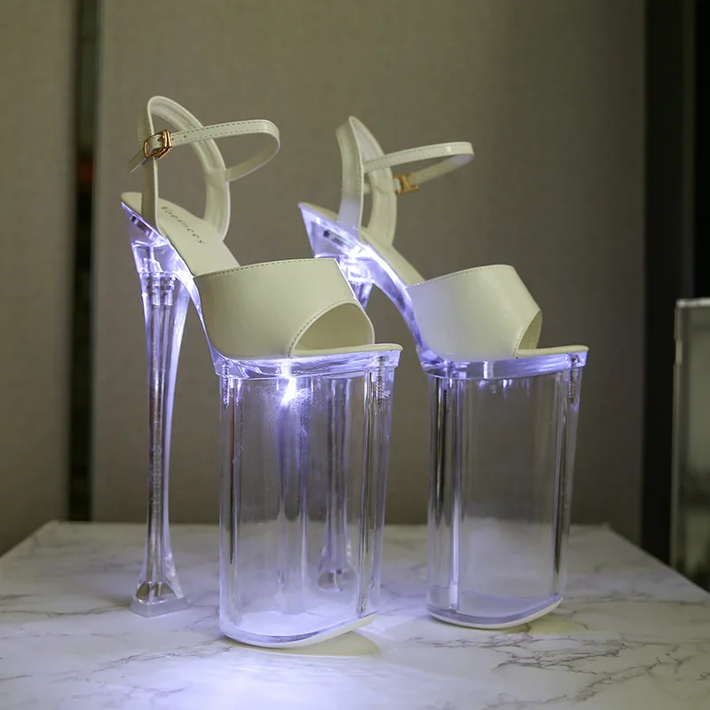 Caca 26Cm Sandali Con Plateau Luminosi Da Donna Con Tacco Alto In Cristallo, Scarpe Da Pole Dance Fetish Stage Show, Punta Aperta Esotica, Cinturino A