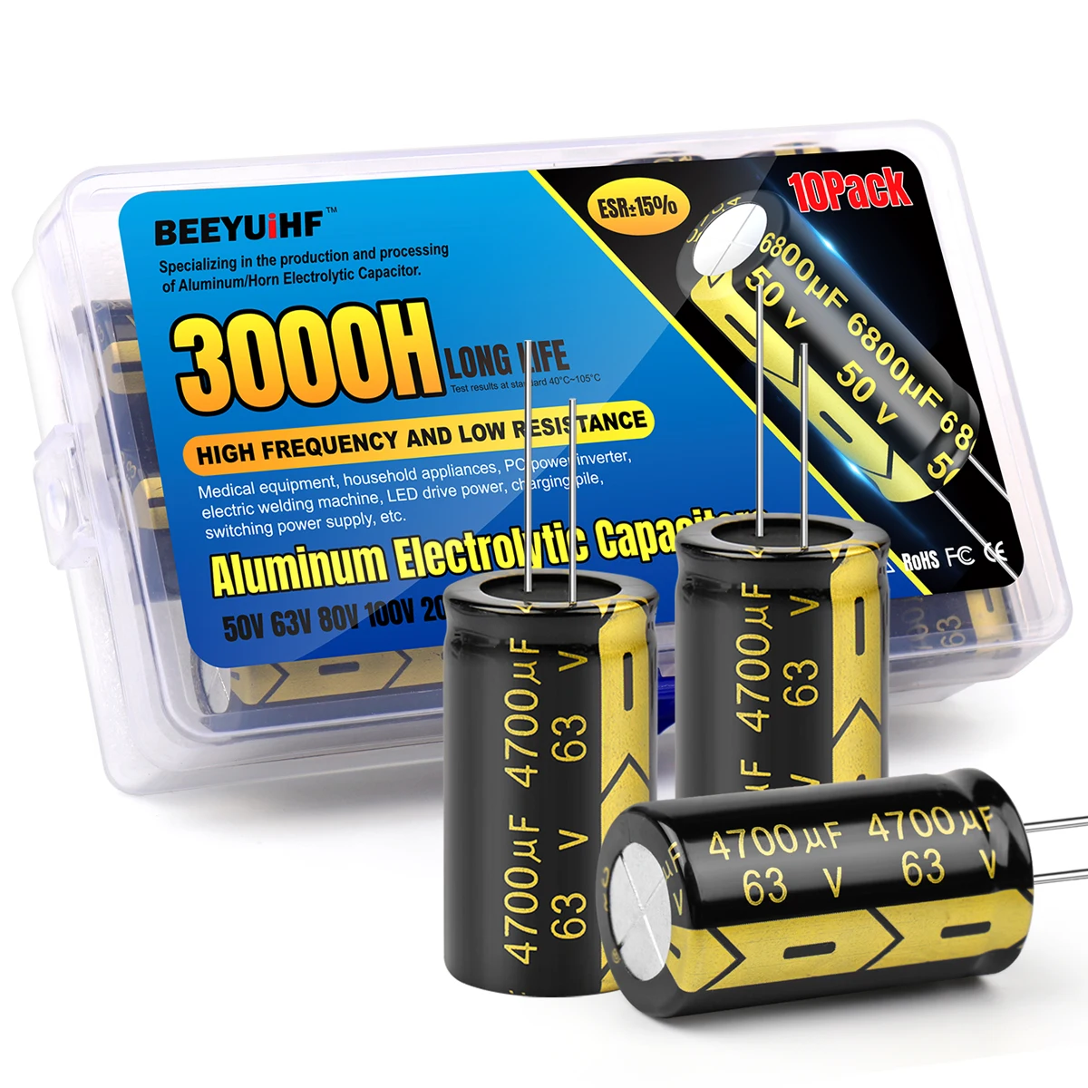 10Pcs JCCON 4700uF 63V Aluminium-elektrolytkondensator Kit 63V4700UF 22x40 Hochfrequenz Niedrigen ESR Kondensatoren sortiment Box Kits – Detail 11
