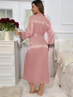2cs Contrast Lace  Long Sleeve Belted Robe V Neck Slip Dress Sexy Elegant Women Pajamas  Sets - Image 5