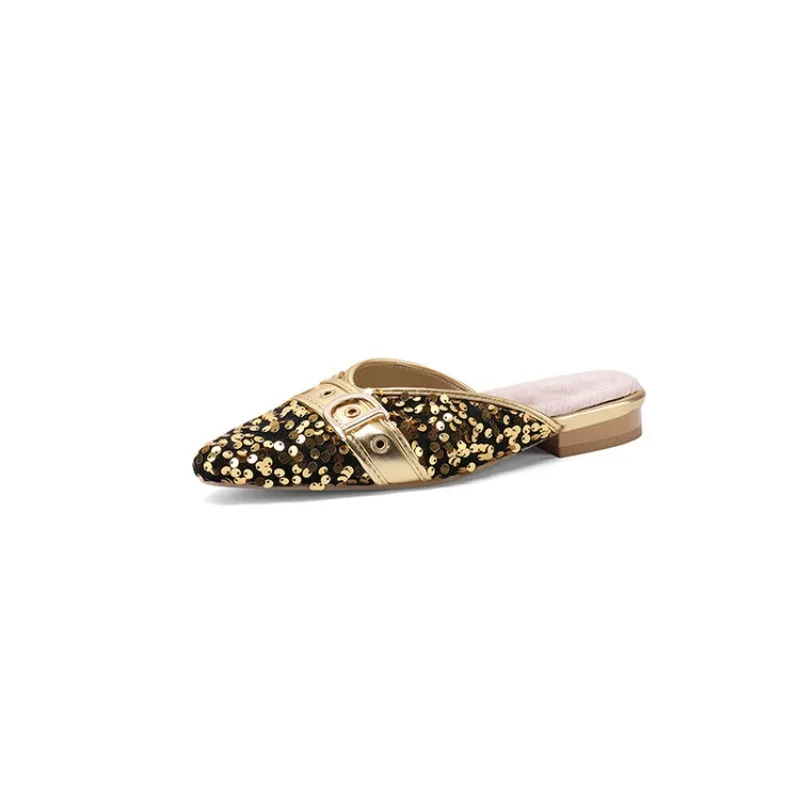 

European and American Women's Pointed Plush Slippers for Autumn and Winter Wearing Sequin Cloth Wrapped Women's Shoes2024