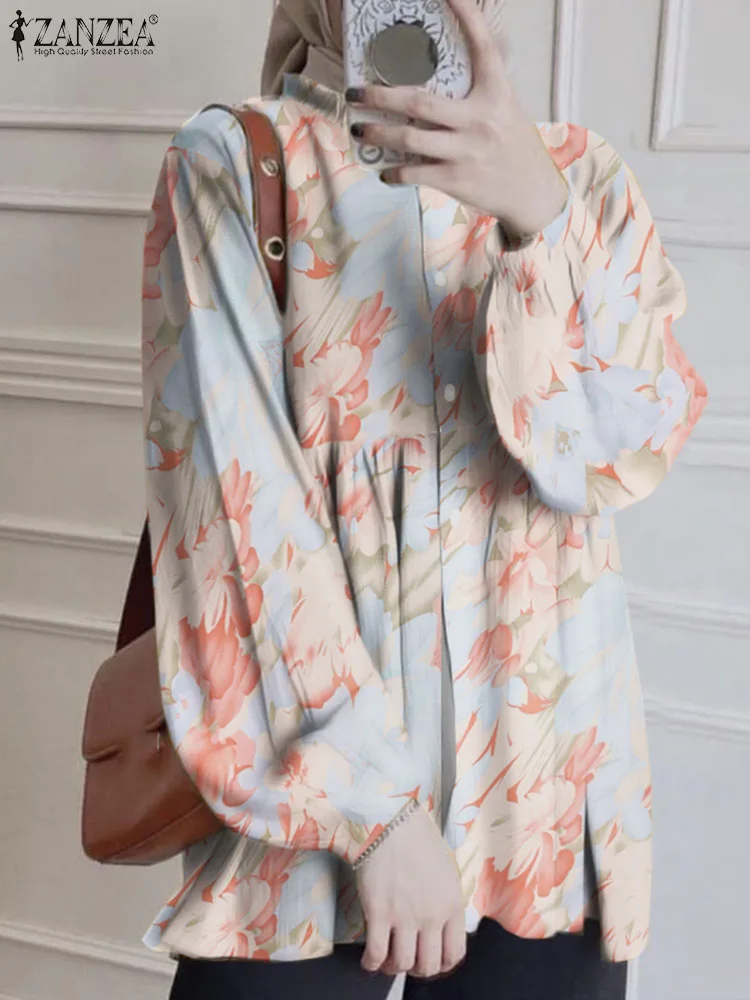 

ZANZEA Women Autumn Printed Blouse Bohemain Floral Muslim Tops Long Puff Sleeve Elegant Turkey Shirt Casual Holiday Work Blusas