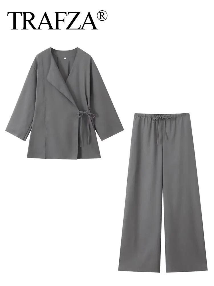 TRAFZA Pajama Style Pants Sets Women Fashion Kimono Style Lace Up Shirt Top Elastic Waist Trousers Women's Casual Outfits TRAF