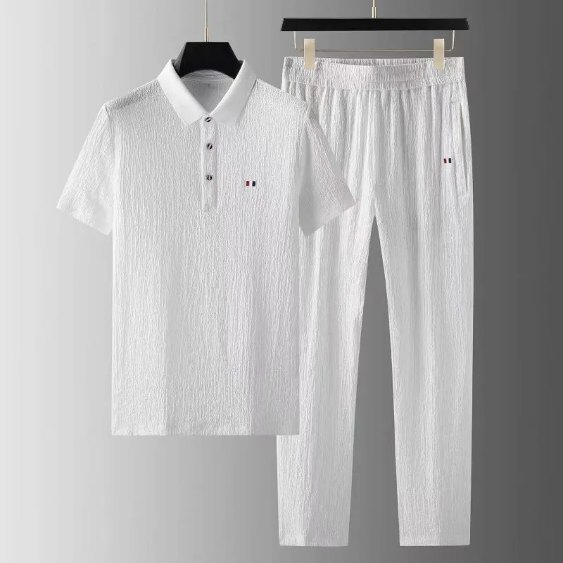 Foreign Trade 2024 Summer Thin Ice Silk Short Sleeved Set for Men's Casual Lapel T-shirt, Cropped Pants, Sports Two-piece Set 3