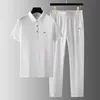 Foreign Trade 2024 Summer Thin Ice Silk Short Sleeved Set for Men's Casual Lapel T-shirt, Cropped Pants, Sports Two-piece Set 3