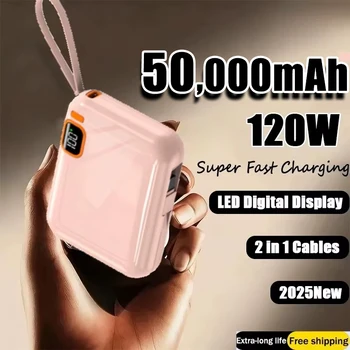 Mini PowerBank da 120 W Batteria esterna portatile a ricarica rapida da 50000 mAh con cavo 2in1 per iPhone Samsung HUAWEI Xiaomi