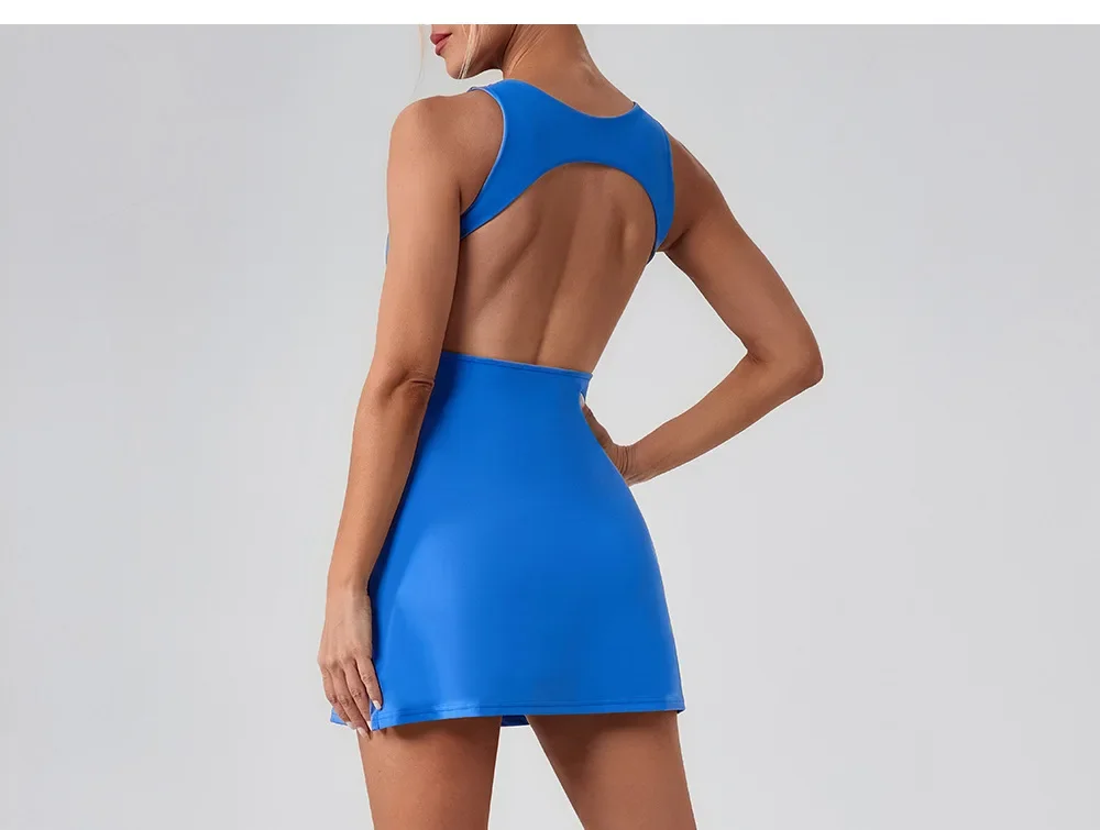Backless Sports Tennis Dress with Shorts and Pockets Hollow Out Workout Golf Wear Women Badminton Running Suit Tenis Feminino
