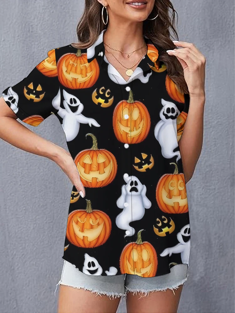 

Женская рубашка с коротким рукавом, летняя Европейская и американская рубашка с 3d-цифровым принтом тыквы и элементов на Хэллоуин