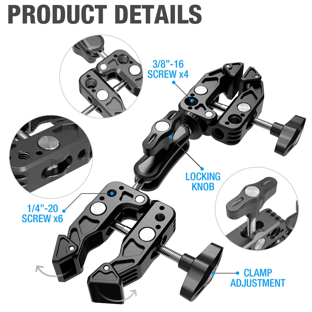 Duplo Metal Super Clamp Articulando Magic Arm Clip 360 Dual-head Clip para Monitor de Guarda-chuva Fotografia de Luz Led Novo - Image 6