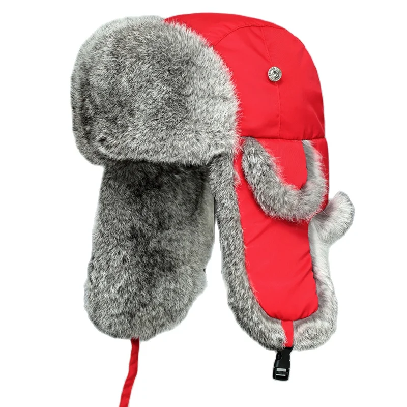 Russia Winter Real fur Hat Men Outdoor Windproof Super Warm Real Rabbit Fur Bomber Hats Natural Soft Natural Rabbit Fur Caps