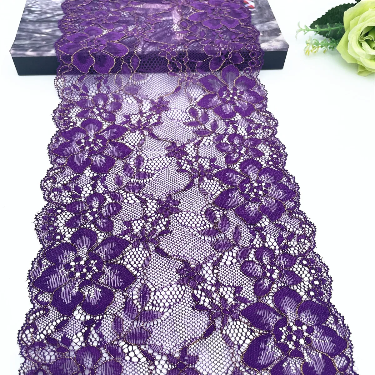 3y/lot Width 17.50cm Dark Purple Gold Elastic Stretch Lace For Skirt Hem Underwear Sewing Craft DIY Apparel Fabrics Material 1