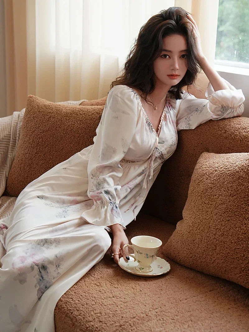 Women Spring Long Flare Sleeve Silk Pajama Dress Print V-neck Lace-up Fairy Backless Princess Sleepwear Nightgowns Home Clothes