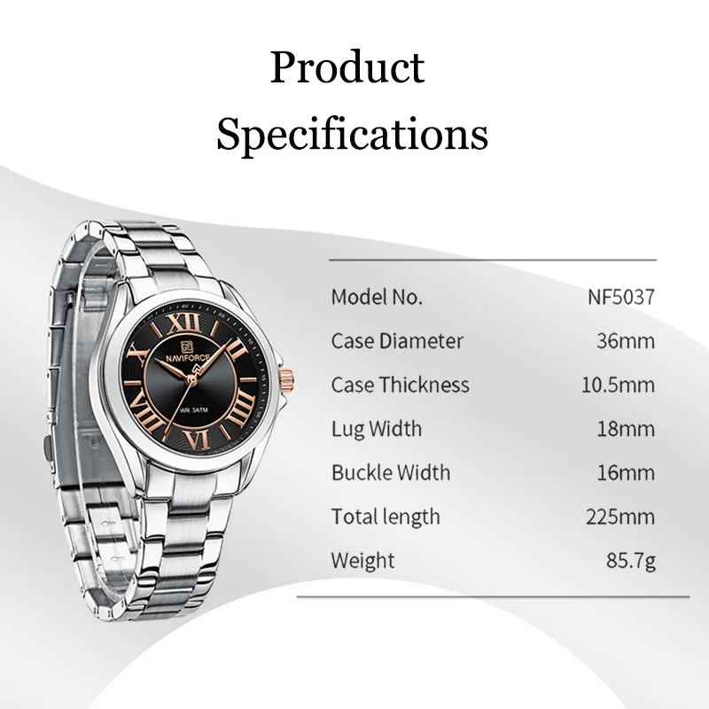 NAVIFORCE NF5037 Women Watches Fashion Business Brand Ladies Stainless Steel Wristwatch with Roman Numeral Dial Relogio Feminino