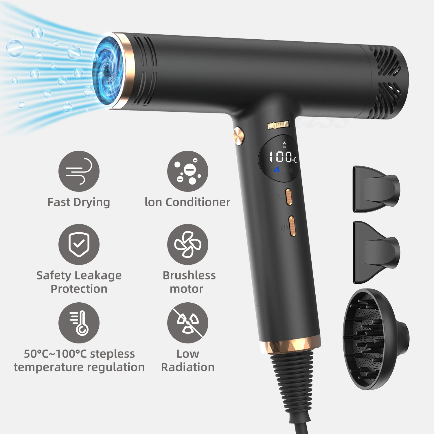 

Professional Hair Dryer High-Speed Brushless Motor Ionic Blow Dryer LCD Screen Hairdryer with Diffuser & 2 Concentrator Nozzles