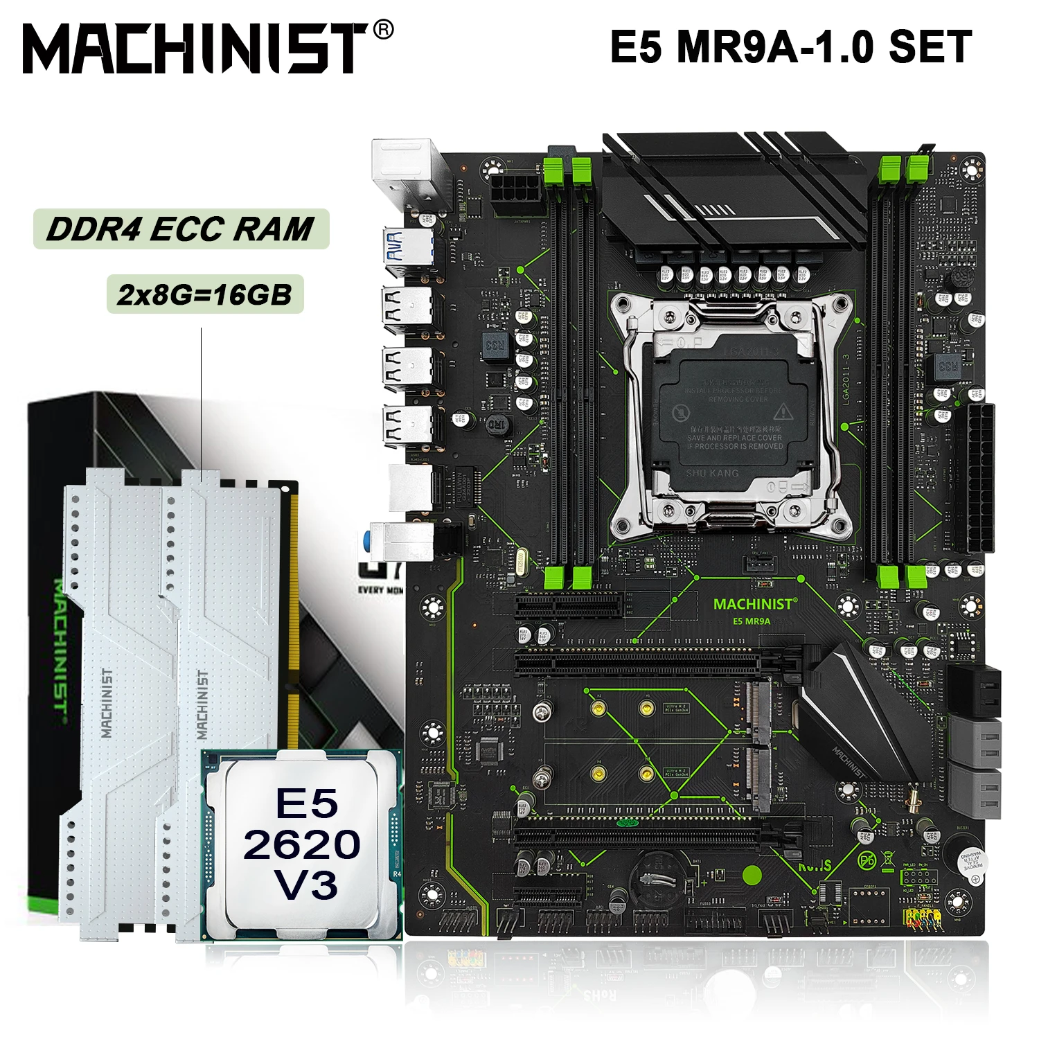 MACHINIST MR9A Motherboard With Xeon Kit E5 2620 V3 CPU and DDR4 ECC RAM 2x8=16GB LGA 2011-3 Slot Combo Nvme M.2*2 Pcie-3.0 ATX