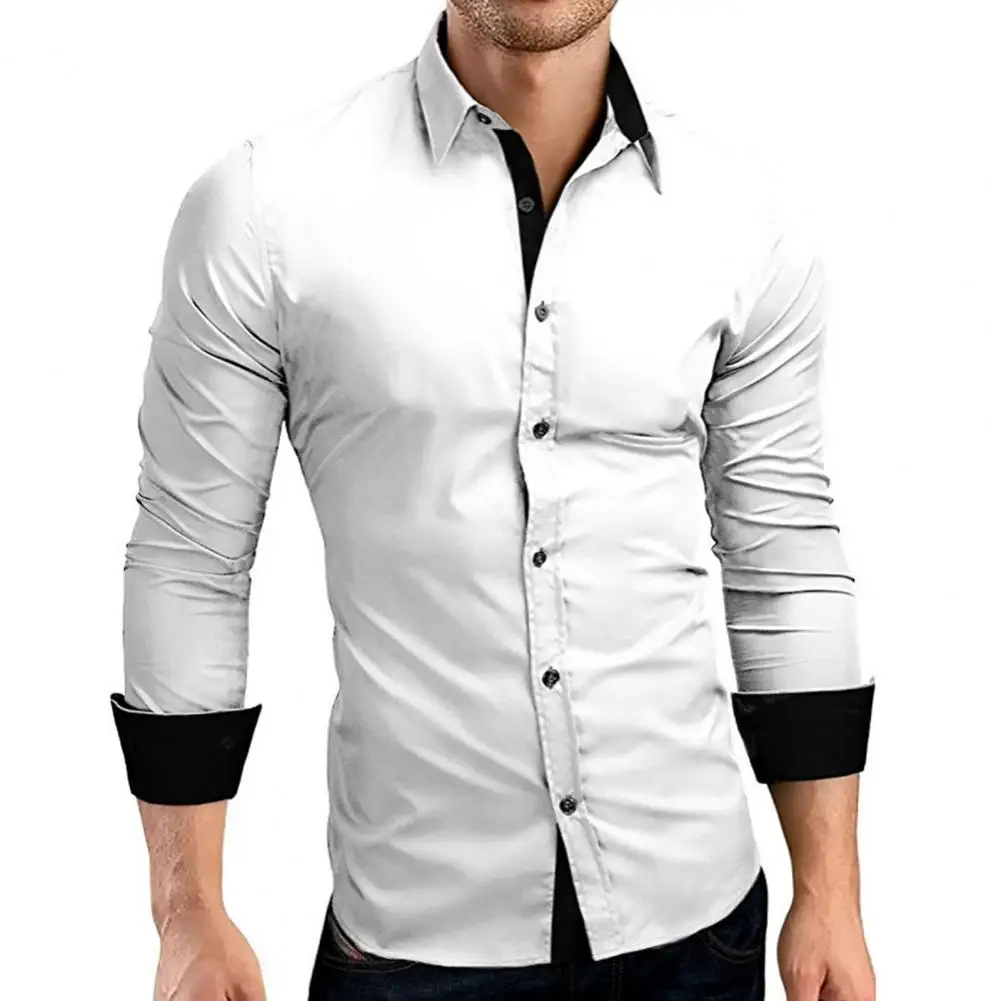 Men Shirt Contrast Color Single-breasted Turn-down Collar Bright Spring Shirt for Work
