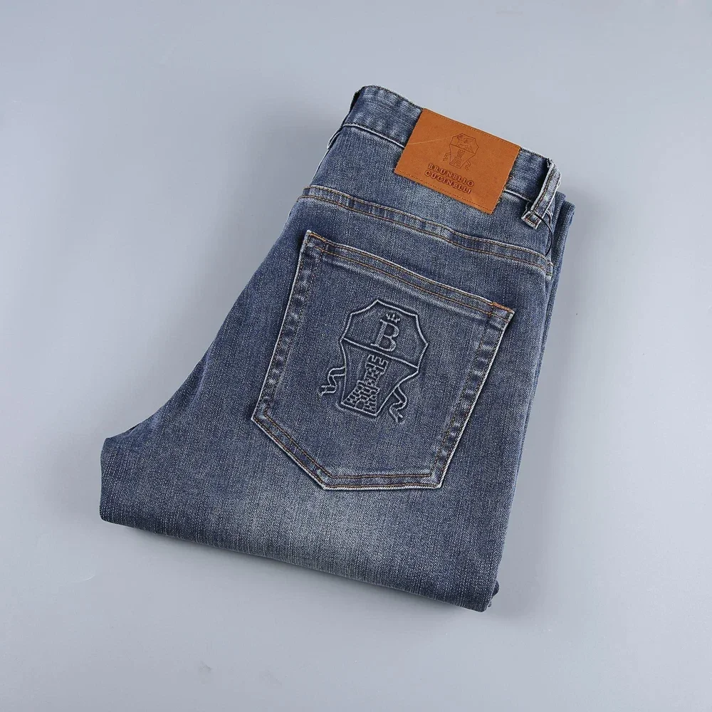 

SIJITONGDA Jeans thick cotton men 2024 autumn winter new elastic Casual embroidery big size Straight long pants31-40