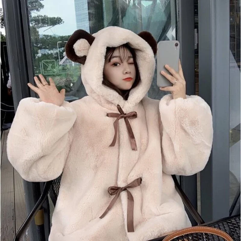 Cute and Sweet Cartoon Hooded Jacket Women's  Fall/winter New Solid Color Blouse Drawstring Warm Long-sleeved Women's Jacket