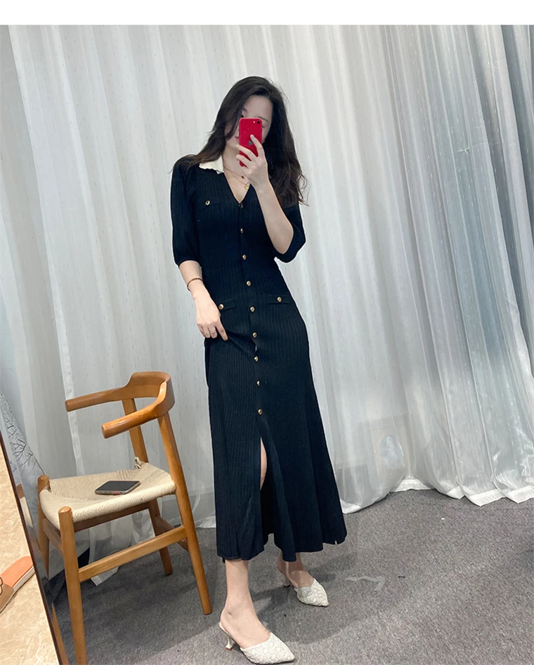 Autumn Elegant Knitted Dresses for Women Patchwork V-neck Puff Sleeve Single Breasted Midi Dress Fashion Ladies Vestidos Femme