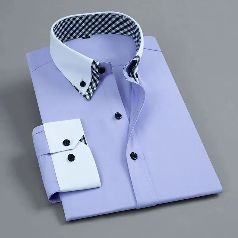 Men\'s Long Sleeve Dress Shirt Non Iron Business Fashion Double Layer Formal Regular Fit Office Camisa Button Up Social Shirts