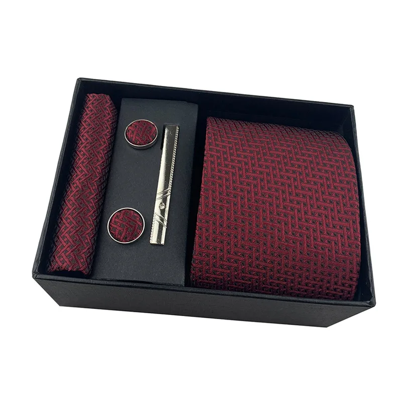 

Мужские галстуки в деловом стиле, черная Подарочная коробка, однотонные галстуки в полоску из полиэстера, карманный шарф, зажим для галстука, подарочный набор