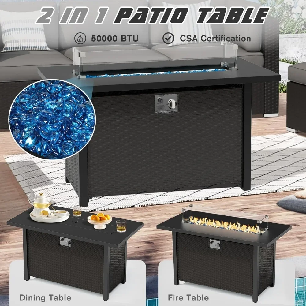 Outdoor 8-piece all-weather rattan segmented dialogue set, equipped with a glass coffee table, cushion, and fire pit table 4