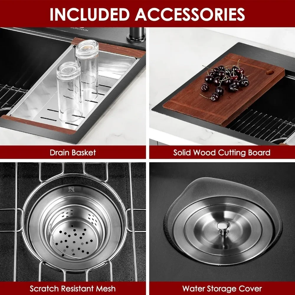 30 Inch Kitchen Sink, 16 Gauge Drop in Single Bowl Workstation Sinks 2-Hole Top Mount with 5 Accessories, Kitchen Sink