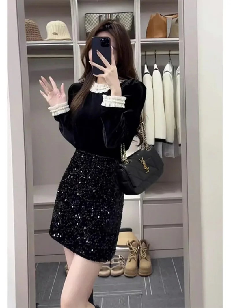 

Temperament Velvet Top Sequin A-line Skirt Two-piece Set Women Fashion O-neck Flounce Gentle Sweet Slim New Year Chic Lady Suit