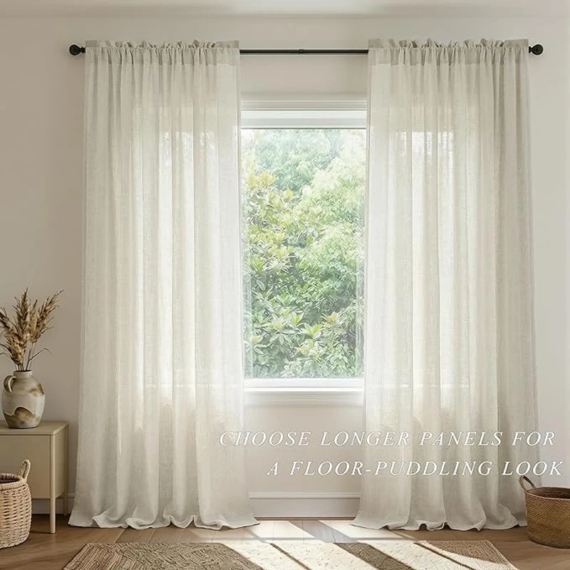 Cortina de Voile Transparente con Aspecto de Lino y Algodón en Color Beige para Ventana de Dormitorio o Sala de Estar, Cortinas para Ventana de Comedor