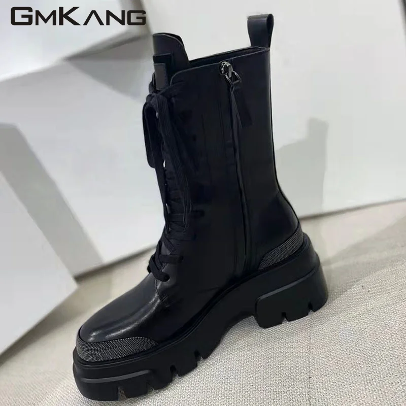 Thick Sole Short Boots Woman Suede Leather Lace Up Knight Boots Round Toe Flat Shoes Chain Decoration Motorcycle Boots Women