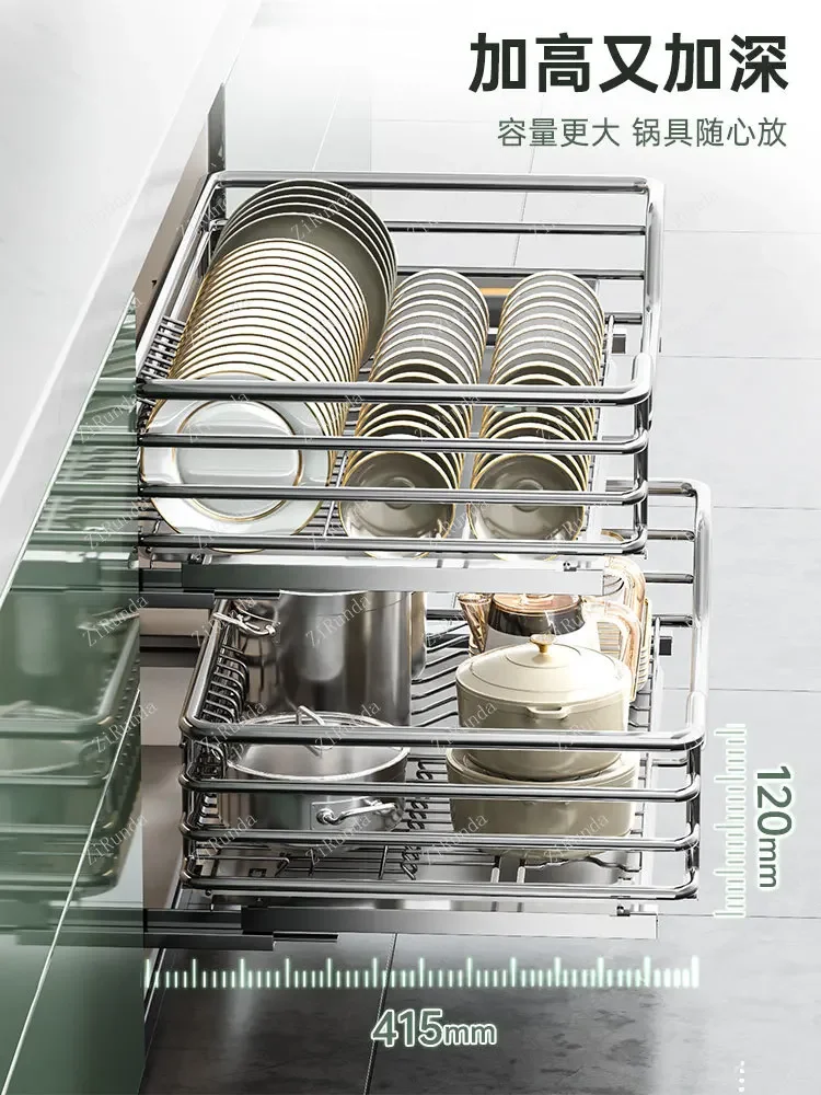Y Pull Basket Kitchen Cabinet Dish Basket 304 Stainless Steel Double Drawer Storage Dish Rack