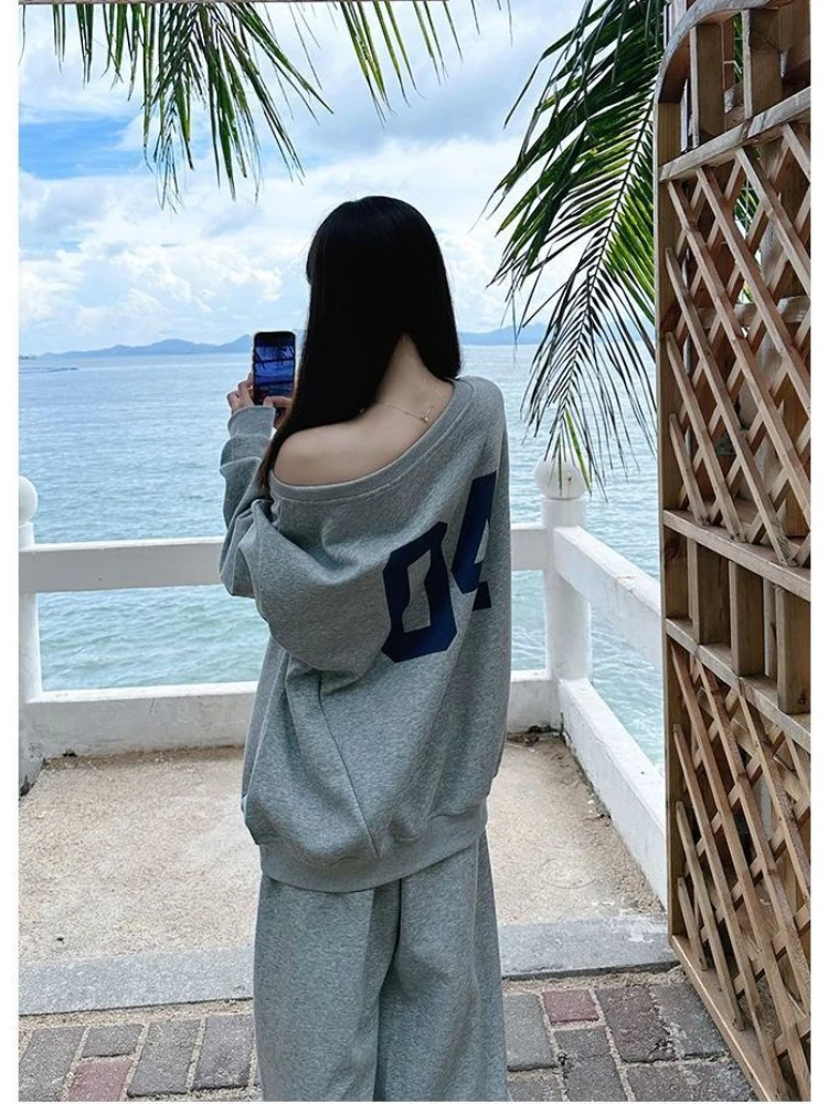 HOUZHOU Casual 2 Piece Sets Women Outfit Pant Sets Oversized Korean Style Jersey Set Vintage Letter Print Off Shoulder Tracksuit 3