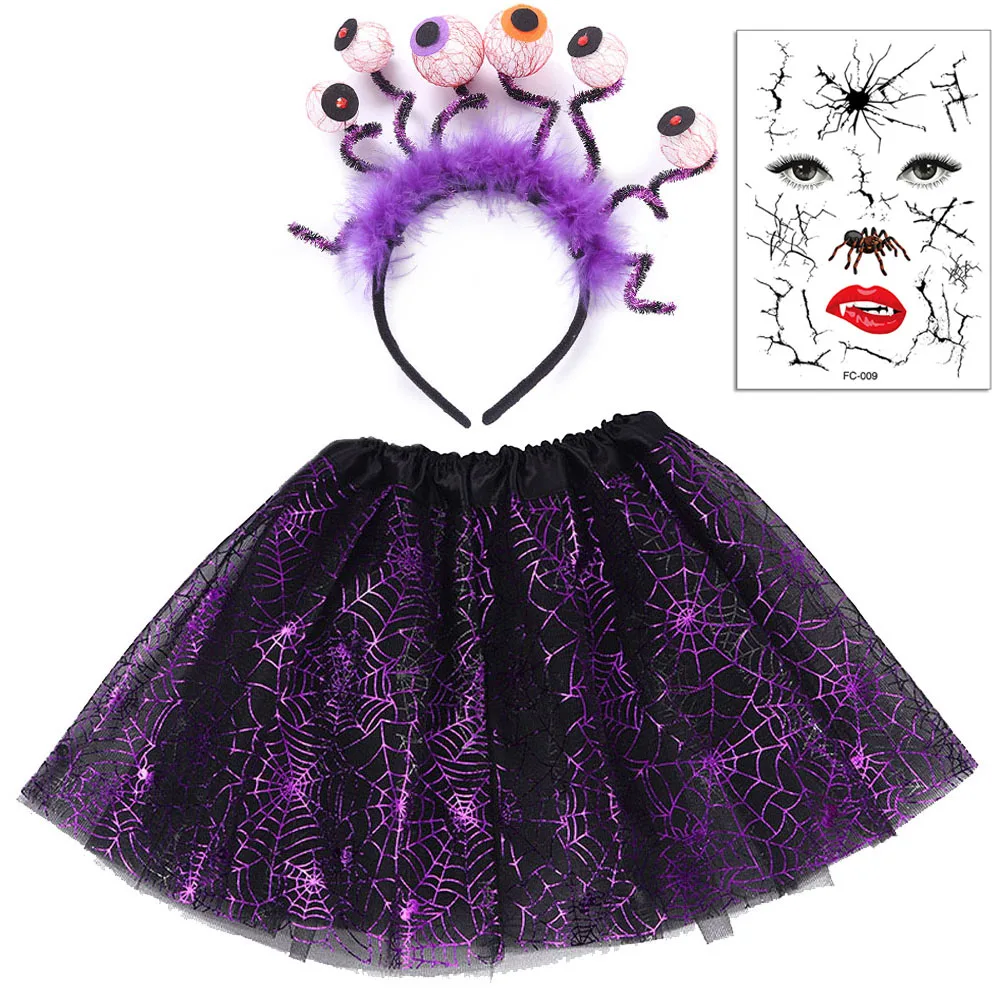 

Adult Women Kids Girl Spider Web Tutu Skirt with Hat Headband Face Tattoo Sticker Vampire Witch Costumes Halloween Bat Cloak