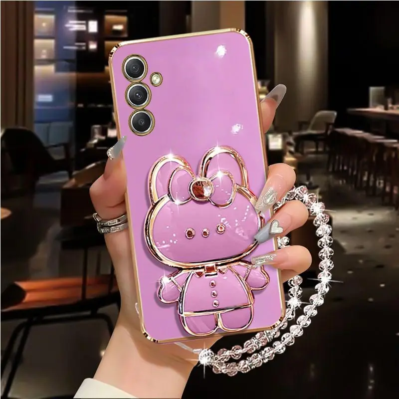 Diamond Strap Mirror Rabbit Phone Holder Case with Stand Cover