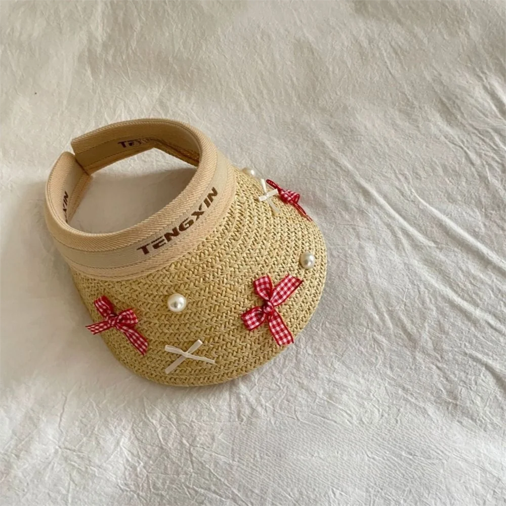 Bowknot Kids Summer Straw Hat Wide Brim Empty Top Large Brim Sun Visor Cap UV Protection Breathable Empty Top Baseball Cap