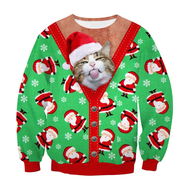 SOSHIRL Naughty Christmas Cat Sweatshirt Funny Casual Men's Outfit Hipster Harajuku Cute Animal Streetwear Tops Unisex Pullovers