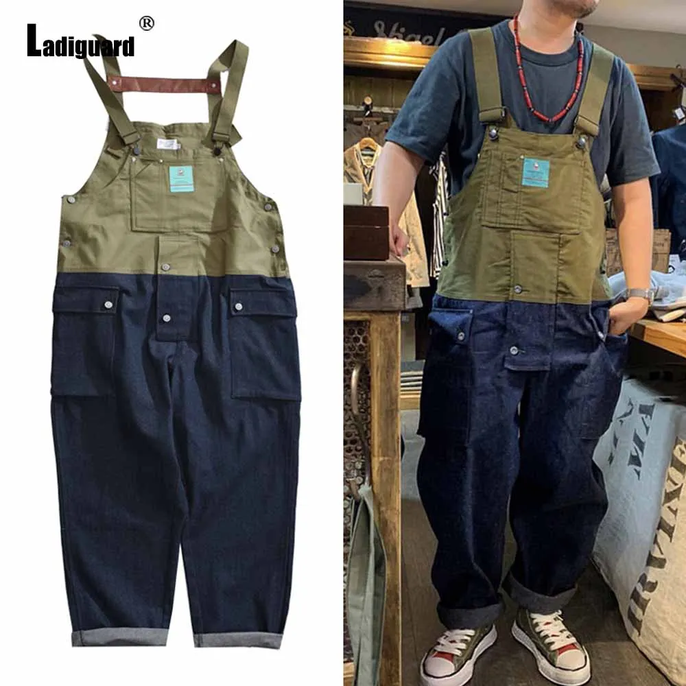 

Men Patchwork Overalls Male Streetwear 2023 America and Europe Style Casual Retro Wide Leg Jumpsuits Masculinas Cargo Bodysuits