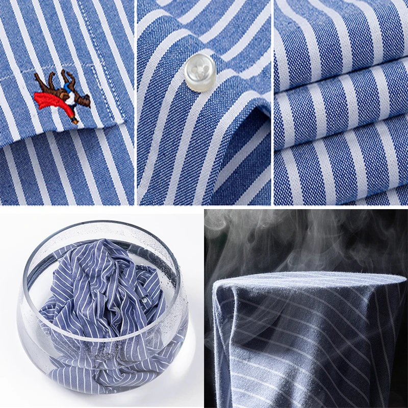 New Men\'s Short Sleeve Striped Plaid Casual Shirt Cotton Oxford Shirt Men\'s Pocket Embroidery Regular Fit Button Work Shirt