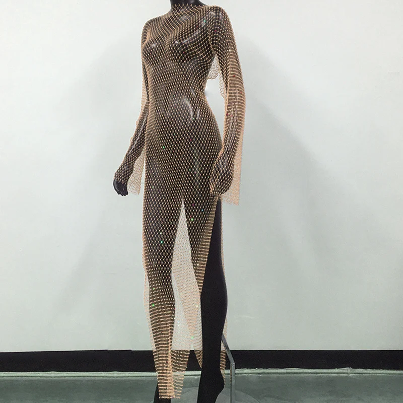 Shiny Rhinestones Grid Fishnet Dress Long Sleeve O-Neck Hollw Out Side Slit Dress Sexy Beach Cover Up Breathable Lady Vestidos
