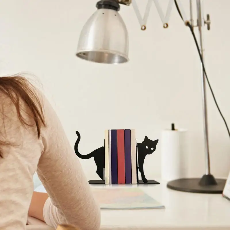 Household Metal Animal Bookends 1 Pair Cute Cat Bookends For Heavy Books Black Creative And Cute Cat Shape
