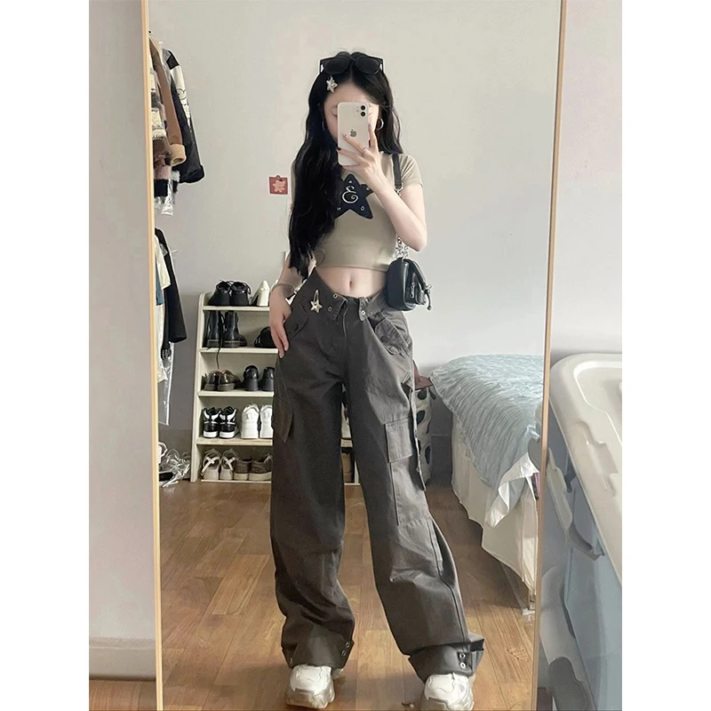

American Street Cargo Pants Black Female Summer Loose Straight Wide Leg Trousers Flip Waist Mop Casual Pants