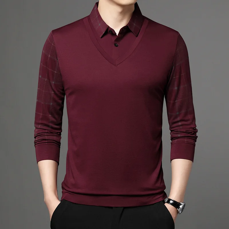 

Spring and Autumn Men's Pullover Polo Collar Plaid Contrast Stripes Solid Button Long Sleeve Tee T-shirt Polo Shirt Formal Tops