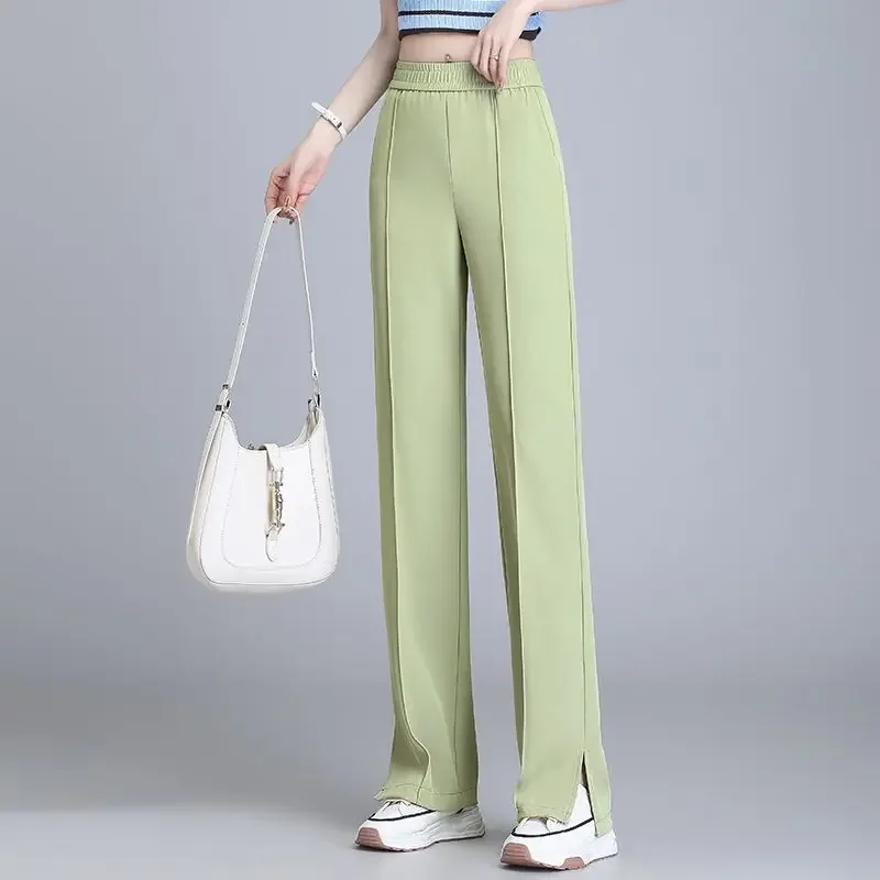 Ice Silk Straight Tube Pants Y2k Women's Summer Thin 2023 New Elastic High Waist Casual Slim Slim Split Drop Long Trousers
