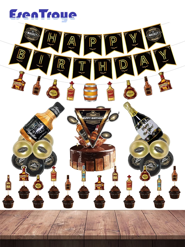 Whisky Wein Thema Geburtstag Party Set Brief Pull Muster Flagge Latex Ball Ballon Flagge Kuchen Einsetzen Suite – Detail 1