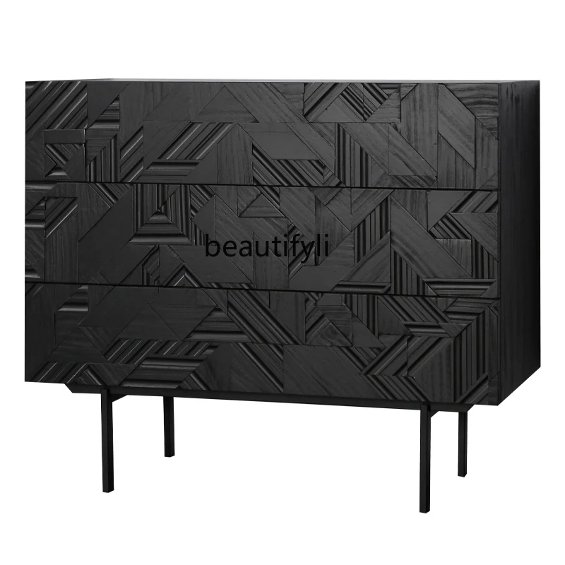 

Mid-Ancient Industrial Style Solid Wood Storage Chest of Drawers Nordic Vintage Engraving Dining Side Entrance Cabinet