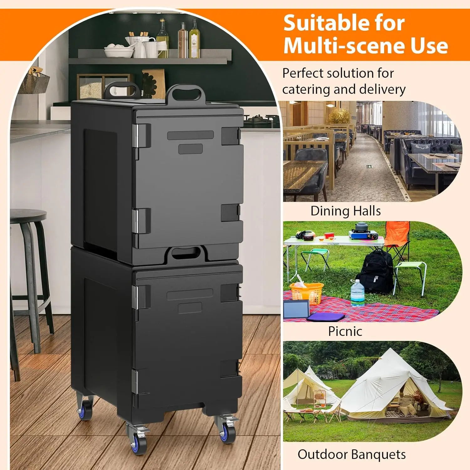 2pcs End-Loading Insulated Food Pan Carrier w/Wheels, for 5 Full-Size Pan, 81 Quart Capacity, Food-Grade LLDPE Material, Stackab 6